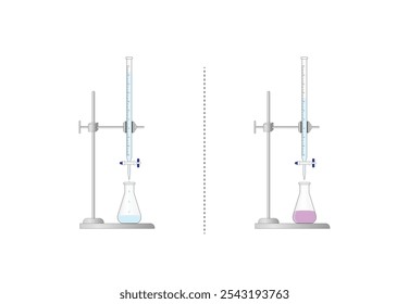 Titration procedure. Titrant in a burette and analyte in a conical flask, scientific experiment in the laboratory. Scientific vector illustration.