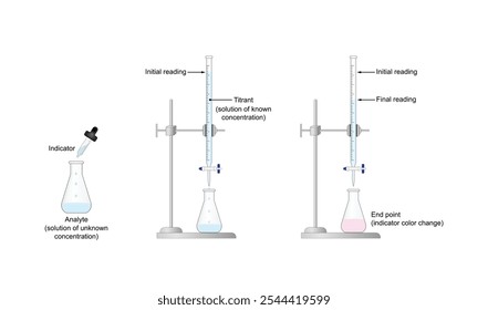 Titrationsverfahren. Titrant in einer Bürette und Analyt in einem Erlenmeyerkolben, wissenschaftliches Experiment im Labor. Wissenschaftliche Vektorgrafik.