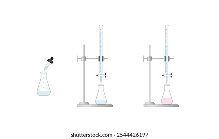 Titration procedure. Titrant in a burette and analyte in a conical flask, scientific experiment in the laboratory. Scientific vector illustration.