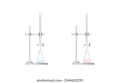 Titration procedure. Titrant in a burette and analyte in a conical flask, scientific experiment in the laboratory. Scientific vector illustration.