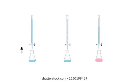 Titration procedure. Titrant in a burette and analyte in a conical flask. End point, indicator color change. Scientific experiment in the laboratory. Scientific vector illustration.