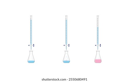 Titration procedure. Titrant in a burette and analyte in a conical flask. End point, indicator color change. Scientific experiment in the laboratory. Scientific vector illustration.