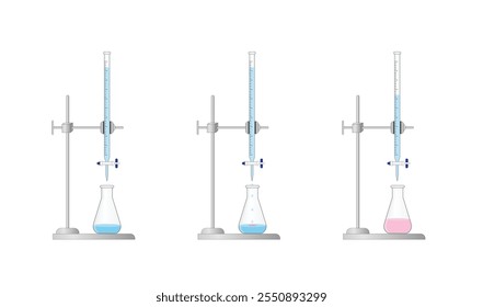 Titration procedure. Titrant in a burette and analyte in a conical flask. End point, indicator color change. Scientific experiment in the laboratory. Scientific vector illustration.