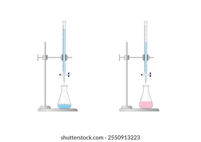 Titration procedure. Titrant in a burette and analyte in a conical flask. End point, indicator color change. Scientific experiment in the laboratory. Scientific vector illustration.