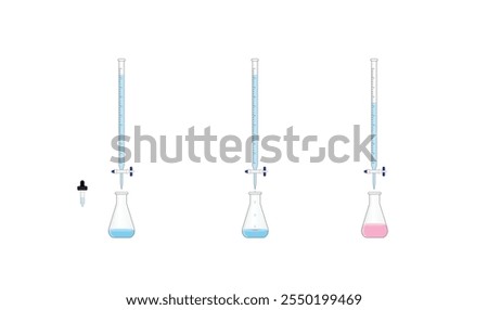 Titration procedure. Titrant in a burette and analyte in a conical flask. End point, indicator color change. Scientific experiment in the laboratory. Scientific vector illustration.