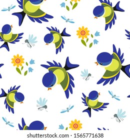 Tits, mosquitoes and flowers on a gray-blue background. Vector seamless pattern.