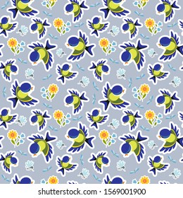 Tits, mosquitoes and flowers on a gray-blue background. Vector seamless pattern.