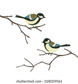Tits on the branches. Set of winter birds flat style.
