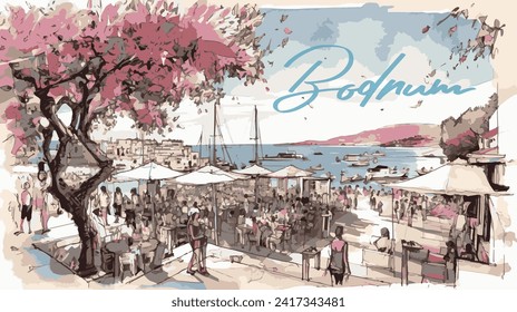 Tively and scenic coastal town of Bodrum. vibrant streets lined with bustling cafes and the serene marina dotted with sailing boats, all under the blossoming trees and a bright blue sky.