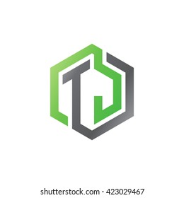 TJ initial letters looping linked hexagon logo black gray green