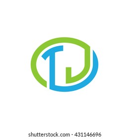 TJ initial letters looping linked ellipse logo blue green