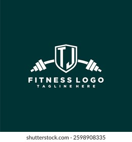 TJ initial monogram for fitnes or gym logo with creative shield and barbell design