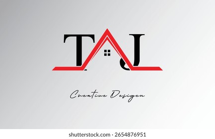 Logotipo de TJ Letter House: monograma inmobiliario creativo con icono de techo y forma de hogar para propiedades, arquitectura y marca moderna
