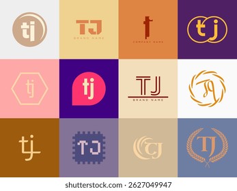 TJ logo company template. Letter t and j logotype. Set different classic serif lettering and modern bold text with design elements. Initial font typography. Collection trendy business identity.