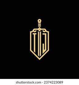 TJ vintage shield and sword initial logo in high quality professional design that will print well across any print media