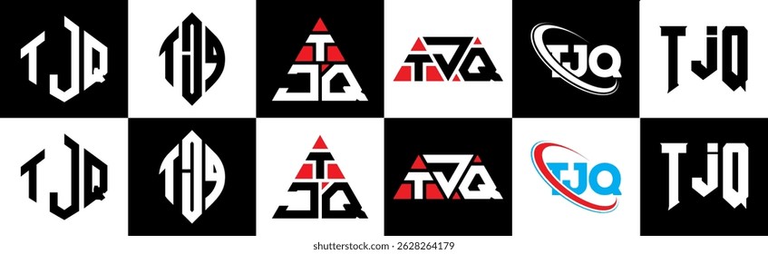 TJQ letter logo design in six style. TJQ polygon, circle, triangle, hexagon, flat and simple style with black and white color variation letter logo set in one artboard. TJQ minimalist and classic logo