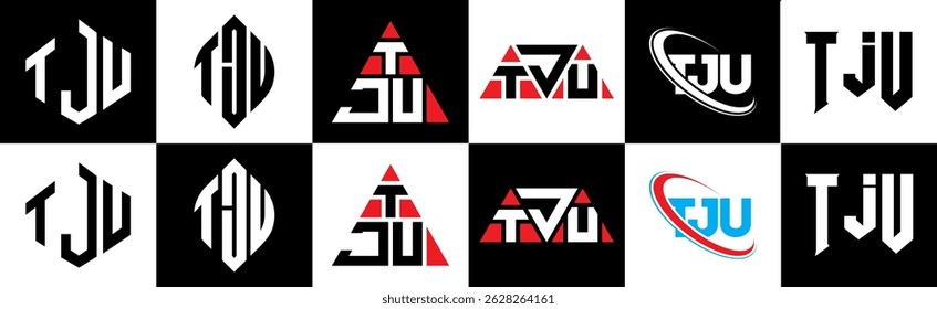 TJU letter logo design in six style. TJU polygon, circle, triangle, hexagon, flat and simple style with black and white color variation letter logo set in one artboard. TJU minimalist and classic logo
