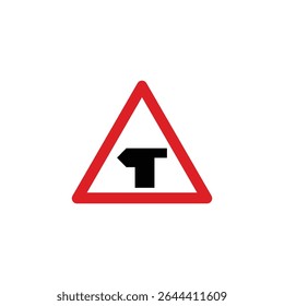 T-junction ahead main road left triangle road sign isolated on white background. Reflective traffic sign symbol modern, simple, vector, icon for website design, mobile app, ui. Vector Illustration