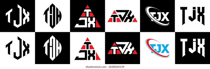TJX letter logo design in six style. TJX polygon, circle, triangle, hexagon, flat and simple style with black and white color variation letter logo set in one artboard. TJX minimalist and classic logo