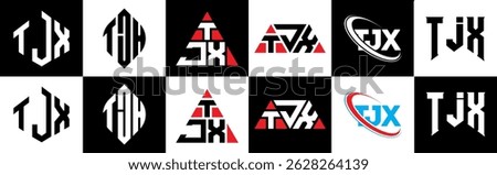TJX letter logo design in six style. TJX polygon, circle, triangle, hexagon, flat and simple style with black and white color variation letter logo set in one artboard. TJX minimalist and classic logo