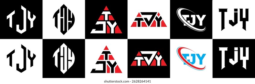 TJY letter logo design in six style. TJY polygon, circle, triangle, hexagon, flat and simple style with black and white color variation letter logo set in one artboard. TJY minimalist and classic logo
