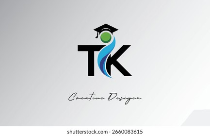 TK Creative Letter Logo mit Graduiertenkappe und abstraktem Human - Modernes Bildungs- und Lernsymboldesign