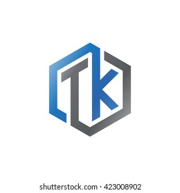 TK initial letters looping linked hexagon logo black gray blue