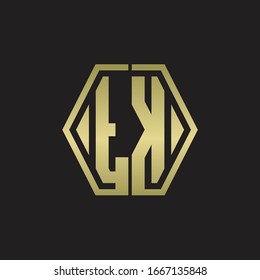 Monograma del logotipo TK con plantilla de diseño redondeado de línea hexagonal con colores dorados