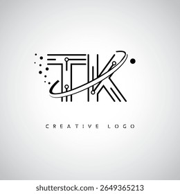 Logotipo de Monograma de Órbita TK - Marca de Letra Mínima Futurista com Linha de Arte Circular, Pontos Inspirados na Tecnologia e Conceito de Movimento Espacial para Identidade de Marca Moderna