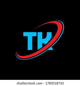 Diseño del logotipo de la letra TK T K. Letra inicial del logotipo monograma superior del círculo TK enlazado en mayúsculas rojo y azul. Logo de TK, diseño de T K. tk, t k