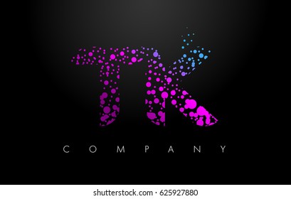 TK T K Letter Logo with Purple Blue Particles and Bubble Dots Design Vector.