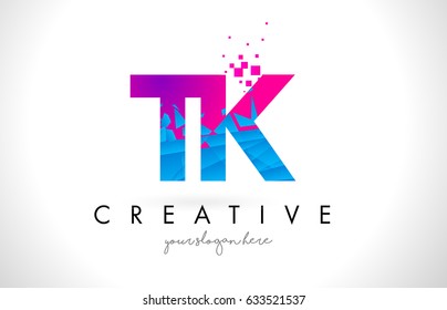 TK T K Letter Logo with Broken Shattered Blue Pink Triangles Texture Design Vector Illustration.