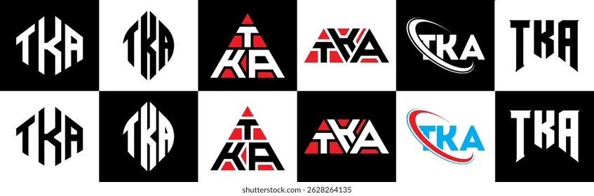 TKA letter logo design in six style. TKA polygon, circle, triangle, hexagon, flat and simple style with black and white color variation letter logo set in one artboard. TKA minimalist and classic logo