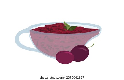 Tkemali, georgischer Pflaumenwürziger Saunaauce.Flavored dip, Essen. Traditionelle, scharfsinnige, georgische Kaukasus-Würzmittel mit rotem Kirschplum.Kartuli Cuisine.Flache Vektorgrafik