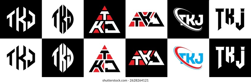 TKJ letter logo design in six style. TKJ polygon, circle, triangle, hexagon, flat and simple style with black and white color variation letter logo set in one artboard. TKJ minimalist and classic logo