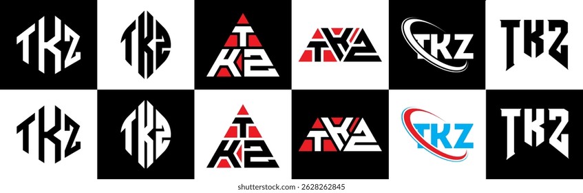 Design do logotipo da letra TKZ em seis estilos. Polígono TKZ, círculo, triângulo, hexágono, estilo simples e plano com logotipo de letra de variação de cor preto e branco definido em uma prancheta. TKZ minimalista e logotipo clássico