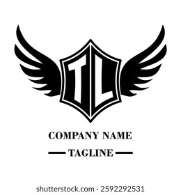 TL bold shield logo with wings, customizable with letters A to Z. Perfect for brands seeking a powerful symbol of strength, freedom, and ambition