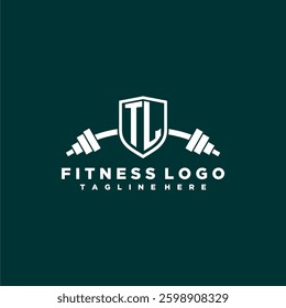 TL initial monogram for fitnes or gym logo with creative shield and barbell design