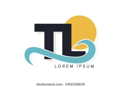 TL letter logo with ocean waves and sunset. Beach concept design
