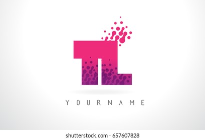 TL T L Letter Logo with Pink Letters and Purple Color Particles Dots Design.