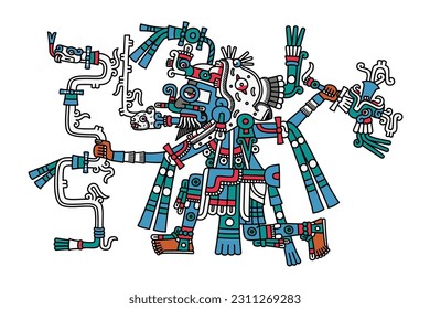 Tlaloc, Aztec god of lightning, rain and earthquake, deity of fertility and water. He is shown with blue skin, wearing a jaguar mask, steam coming from his mouth, holding a wavy serpent and an axe.