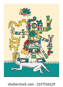 Tlaloc, Aztec god of the rain, earthly fertility and water, giver of life and sustenance. Depicted with goggle eyes, fangs, feathered mask, lightnings and water dwelling creatures, such as crocodiles.