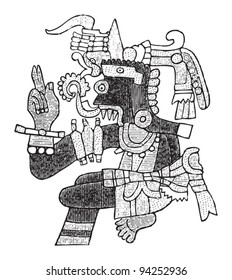 Tlaloc (Aztec god of rain, fertility, and water) / vintage illustration from Meyers Konversations-Lexikon 1897