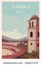 Tlaxcala retro poster. Tlaxcala travel illustration. States of Mexico greeting card. 