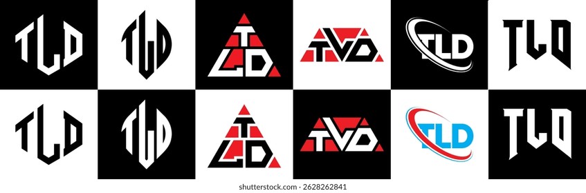 Diseño del logotipo de la letra de TLD en seis estilos. TLD polígono, círculo, triángulo, hexágono, estilo plano y simple con logo de letra de variación de color blanco y negro en una mesa de trabajo. Logotipo TLD minimalista y clásico