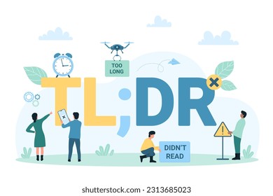 TLDR abbreviation, too long didnt read, marketing message and acronym vector illustration. Cartoon tiny people standing and pointing at TLDR letters and definition, internet communication slang