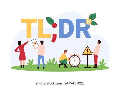 TLDR abbreviation, Too Long Didnt Read. Tiny people pointing at TLDR text of internet lexicon and warning sign, slang opinion for comment about article on social media blog cartoon vector illustration