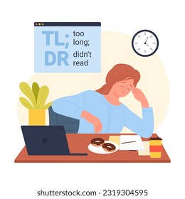 TLDR concept, too long didnt read, meme and message from lexicon of internet communication vector illustration. Cartoon lazy girl sitting at computer desk, ignore article text or news due to length