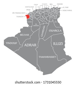 Tlemcen red highlighted in map of Algeria