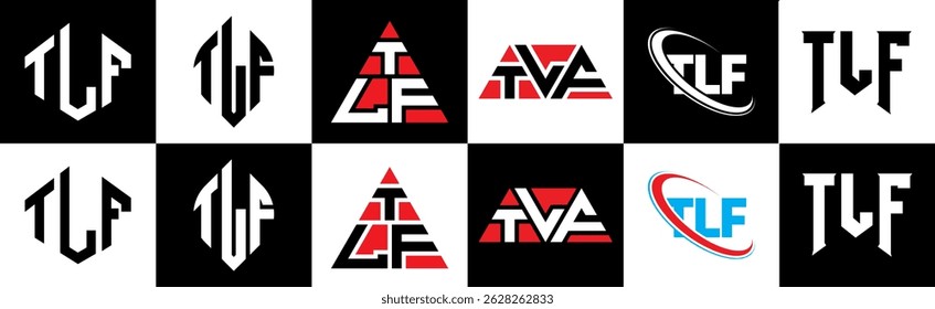 TLF letter logo design in six style. TLF polygon, circle, triangle, hexagon, flat and simple style with black and white color variation letter logo set in one artboard. TLF minimalist and classic logo